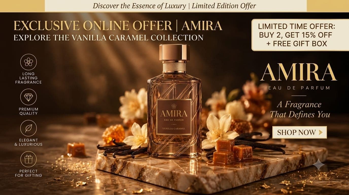 Amira Vanilla Caramel collection — buy 2 get 15% off plus a free gift box